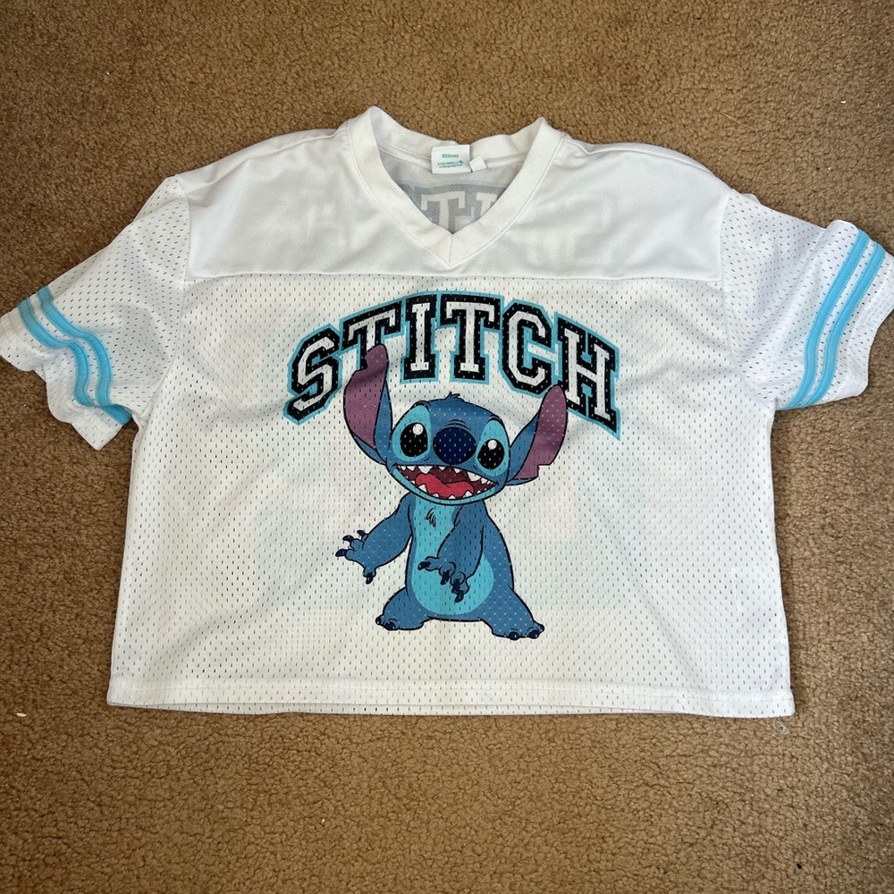 Disney Stitch Women’s White and Blue Jersey